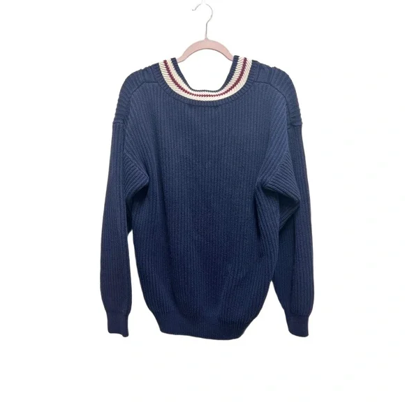 John Ashford Sweater Mens Size M Navy Blue Vintage V-Neck Striped Trim Preppy - Picture 4 of 5